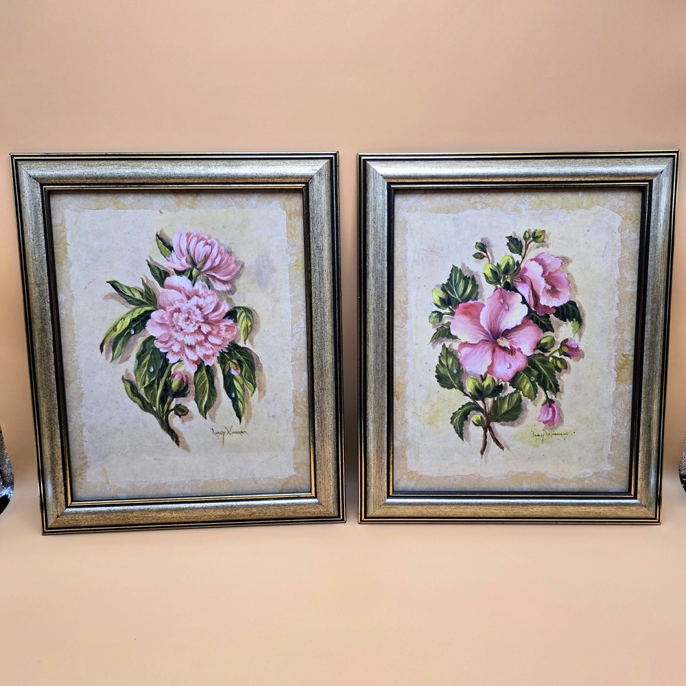 Nancy Wiseman Signed Floral Painting Pair Pink Hibiscus Peony Framed Art Set 2